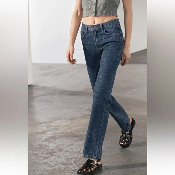 ZARA ZW COLLECTION RHINESTONE HIGH WAIST BOOTCUT BLOGGERS FAVORITE JEANS - Picture 6 of 13